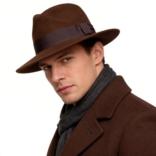 Ruphedy Wool Fedora Hats for Men Women Wide Brim Felt Panama Hat (B5030-Brown-L)