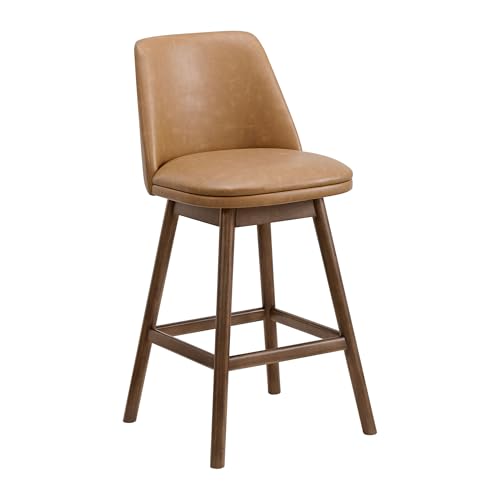 Image of ROME + OAK Rowan 26 Inch Swivel Counter Height Stool in Walnut Finish with Brown Vegan Leather Upholstery Seat - Kitchen or Dining Room Furniture