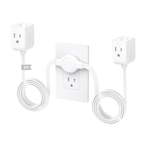 Image of TROND Split Extension Cord with Flat Wall Plug, Twin 6ft Each Side, White | Low-Profile Dual End 3 Outlets Extender, 1625W for Indoors Behind the Middle of Sofa Couch Bed TV Stand, Easy to Hide