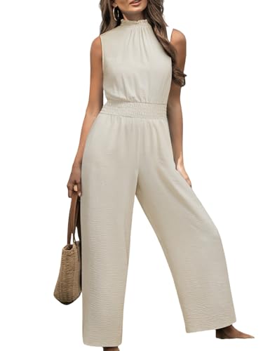 CUPSHE Damen Maxi-Jumpsuit, Stehkragen, Blumendruck, langer Strampler, ärmellos, gerades Bein, Weiß, L
