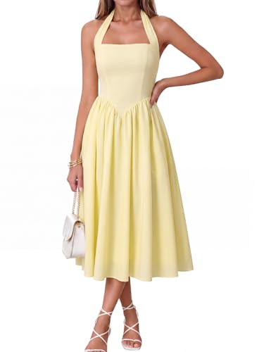 Image of Parthea Women's Floral Halter Corset Midi Dress 2026 Elegant Smocked Flowy Wedding Guest Dresses with Pockets