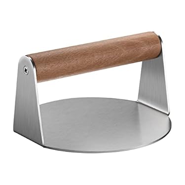 AMAZON - yoopin Stainless Steel Burger Press, 6.2″ Round Type Smash Burger Press with Wooden Handle for Flat Top Grill Cooking,Grill Accessories for Steak Making，Prevent Rust and Easy to Clean.