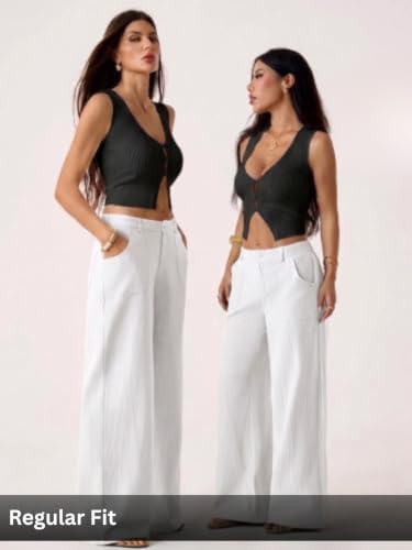 Image of GRECIILOOKS Beige Wide Leg Linen Trousers for Women | High Waist Cotton Baggy Korean Style Casual Pants | Comfortable Formal & Casual Women Trousers