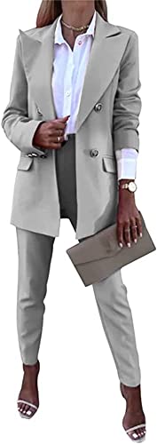 Las Mujeres de Color sólido Traje de Negocios de Manga Larga Traje Chaqueta Pantalones Traje de Moda Slim Calle Traje de Dos Piezas Pantalones Traje de Dos Piezas (Gris,XL)