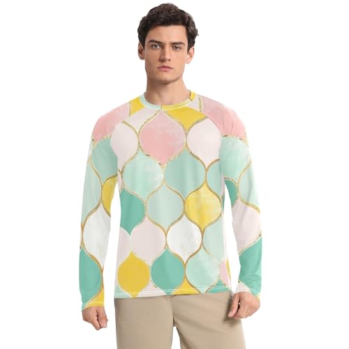 Yellow Cyan Moroccan Men's Rash Guard Sun Protection UPF 50+ Sun Shirts Quick Dry Long Sleeve Fishing Shirts, Large