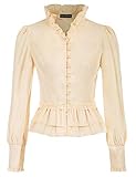 Women's Victorian Ruffled Blouse Top Vintage Long Sleeve Stand Collar Shirts S Beige