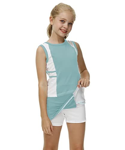 Girls Tennis Athletic Outfit Set Sports Color Block Casual Tank Top Golf Skirt Built In Shorts Light Green 6-7 Years #TOP2
