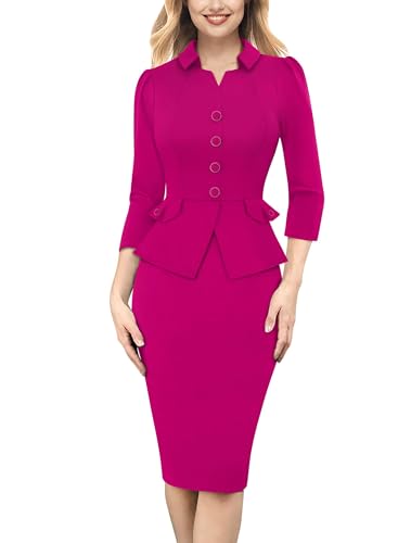 VFSHOW Womens Work Business Dresses Collared Notch Neck Office Buttons Peplum Slimming Sheath Pencil Dress