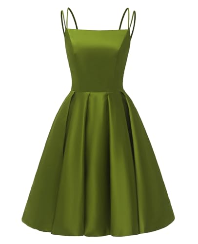 Image of Tianzhihe Satin Homecoming Dresses for Teens 2026 Spaghetti Straps A-line Square Neck Short Cocktail Party Dress with Pockets