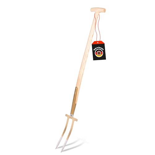 SHW-FIRE | Rosengabel mit 85 cm T-Griff aus Eschenholz – handgeschmiedete Bajonettzinken aus gehärtetem Stahl, ideal für Rosenpflege, Unkrautentfernung & Bodenbelüftung | Made in Germany