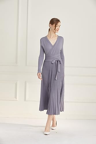 Image of Women's Long Knit Crewneck Sweater Dress Tie Waist A-Line Swing Pleated Bodycon