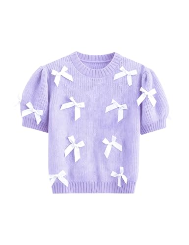 Image of Women's Sweaters Knitted Crewneck Puff Bubble Short Sleeve Pullover Tops Casual Bow T Shirts Chic Blouses