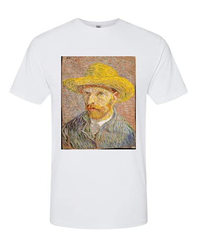 Van Gogh Tshirt | Self-Portrait with a Straw Hat | The Potato Peeler | Comfortable Men's Printed Shirt (White, X-Large)