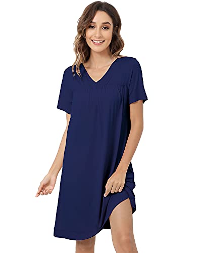 Nachila Women's Nightgown Short Sleeve Bamboo Sleep Shirt V-Neck Navy Blue M #TOP18
