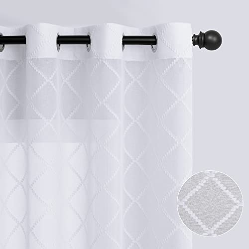 White Sheer Curtains 84 Inches Long 2 Panels Grommet Semi Voile Sheer White Curtains For Living Room Bedroom, Trellis Pattern Embroidered Light Filtering Drape Modern Window Curtain Treatment,52X84 #TOP2