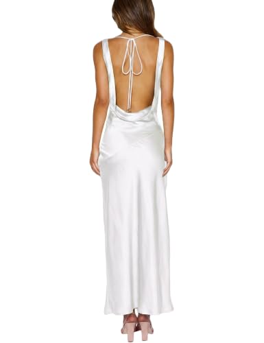 Image of KOUNAI Satin Backless Formal Maxi Dresses for Women Wedding Guest | Silk,Cowl Neck,Drape Neck,Open Back,Sleeveless,Tie Back,Elegant,Cocktail,Bridesmaid,Beach,Vacation,Party,Graduation,Midi