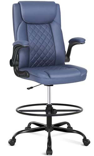 Image of Misolant Drafting Chair with Footrest Ring, Tall Office Chair for Standing Desk, Standing Chair with Adjustable Height and Flip-up Armrest, PU Leather High