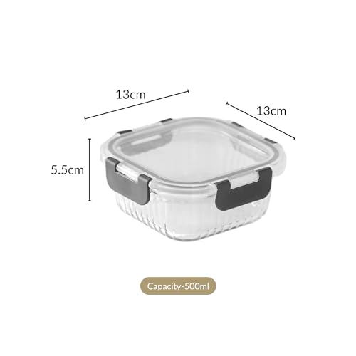 Nestasia Transparent Glass Lunch Box for Women and Men Set of 2 (500ml), Borosilicate, Microwave and Dishwasher Safe, Airtight and Leak-Proof Glass Containers with Safety Lock