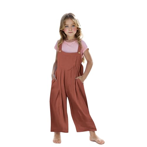 Mis Pedidos Mono Niña,Algodón y Lino Mono de Niña Sin Mangas con Tirantes Sueltos con Cuello en Redondo Monocolor Deporte Peto Pantalones Largos de Pierna Ancha con Bolsillos Monos Casual para Niños