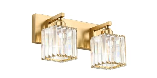 Image of Gold Crystal Bathroom Vanity Light, 2-Light Modern Bathroom Lighting Fixtures Over Mirror,Chrome Wall Sconce Light Fixtures with Square Shade
