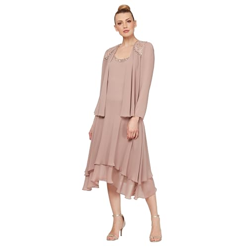 S.L. Fashions Women's Petite Mother of The Bride Dress with Embellished Neckline & Shoulder, Wedding Guest, Cashmere, 14P