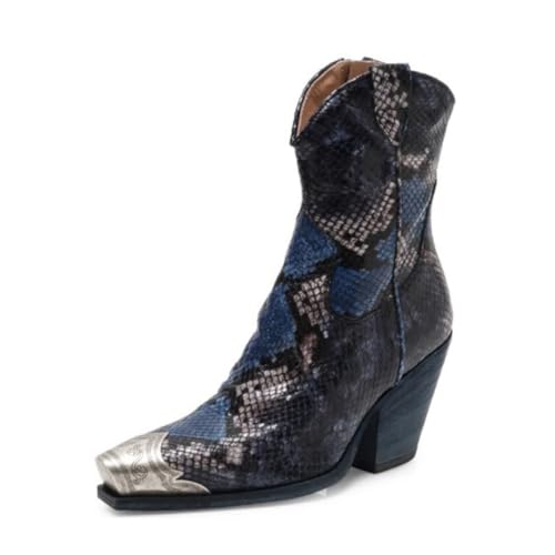 Image of keleimusi Women's Western Cowgirl Ankle Boots Stacked Block Heel Cowboy Booties Steel Toe Heeled Short Cowboy Boots Side Zipper Western Booties