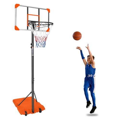 Portable Basketball Hoop Goals Outdoor System, 7Ft Adjustable Junior Basketball Stand Freestanding w/Stable Base & Wheels, Basketball Court for Indoor/Outdoor, After-School Entertainment (Orange)