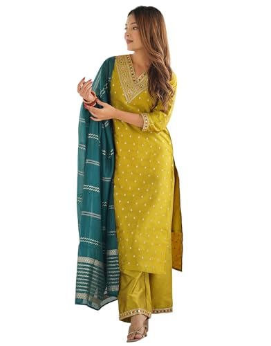 Image of SKYLEE Silk Blend Jaquard Sequins Embroidery and Lace Straight Kurta Set with Dupatta