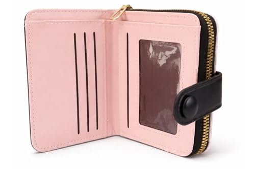 محفظة بناتي جلد صناعي ، محفظة نسائية ثنائي للطي ، محفظة نسائية متعددة جيوب ، تصميم أنيق عملي (BLACK)