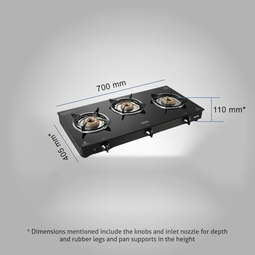 Image of Glen Toughened Glass Top LPG Gas Stove 3 Burner 70 cm | Brass Burners | Black | Auto Ignition | ISI Certified | 360 Revolving Nozzle | 2 Years Standard Warranty | 1030GTBBBLAI