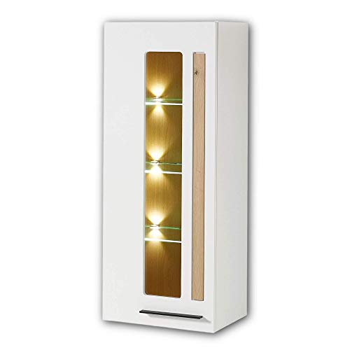 Stella Trading Vitrina Colgante Loft-Two en Aspecto de Roble Artificial, Color Blanco, Moderna Vitrina de Cristal con acogedora iluminación LED, 52 x 128 x 37 cm