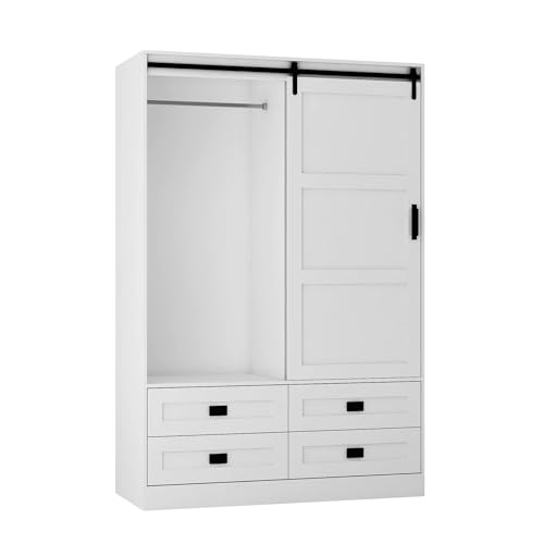 GOSROMS Armoire Wardrobe Closet with Sliding barn Door，Wardrobe Cabinet with 4 Storage Drawers and...