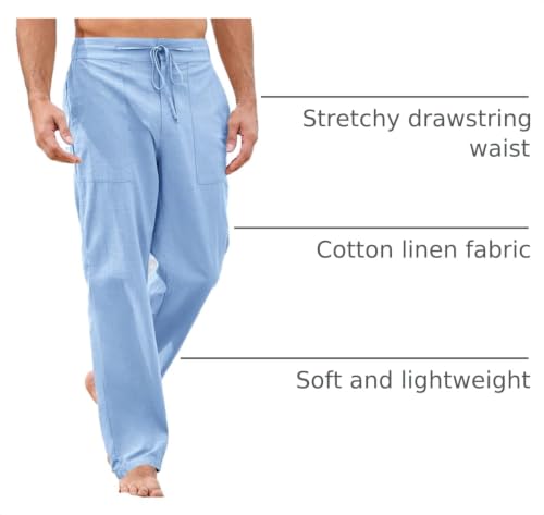 Image of PASLTER Mens Cotton Linen Pants Casual Summer Beach Pants Dress Trousers | Loose Fit, Elastic Drawstring Waist, Lightweight, Straight-Legs, Slacks, Yoga, Work, Vacation, Quick Dry