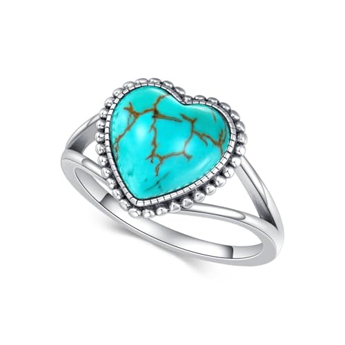 Turquoise Heart Ring 925 Sterling Silver Oxidized, Bead-Edged Design with Heart Gemstone, Boho Stylish Rings for Women, Ideal for Festival, Travel, Beach & Anniversary Gifting Jewelry