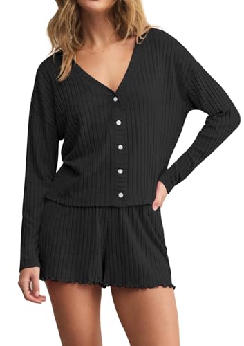 Dressmine Womens Long Sleeve Pajama Sets Button Up Pajamas Sleeping Shorts 2 Piece Lounge Set Knit Sexy Sleepwear