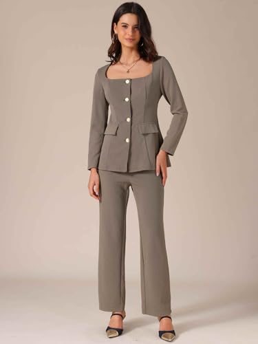 Allegra K Women's 2 Piece Outfits Square Neck Blouse and Long Pants Elegant Business Sets3