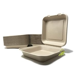 Good As Gold COMPOSTABLE 8×8 Takeout Food Container (50 COUNT) made from Wheatgrass Bagasse, MR. GREEN GUYS, Heavy Duty 8″ Clamshell To-Go Container