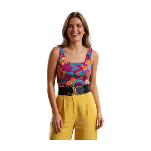 Adjustable Waist Cinch Belt for Women – Black Elastic Wide Belt with Gold Double C Buckle for Dress, Blazer, Coat – Size S/M WB5