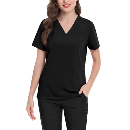 Image of FONMA Scrub Tops Women Plus Size Stretchy V-Neck Scrub Shirts with 4 Pockets Breathable Short Sleeve Nurse Uniforms