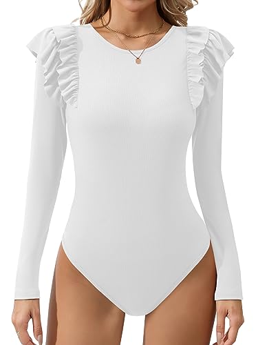 Missufe Stricktop Elegant Rüschen Langarm Body Damen Rundhals Oberteil (Weiß, S)