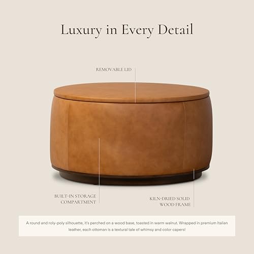 Image of Poly & BARK Herve Storage Ottoman - Round Italian Full-Grain Leather Ottoman with Hidden Storage - Solid Wood Base in Walnut Finish - Cognac Tan