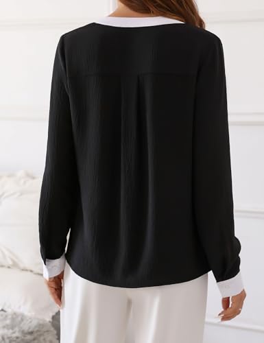 Fayenne Womens Tops Dressy Casual V Neck Color Block Business Casual Blouses Long Sleeve Work Shirts Fall Trendy Clothes