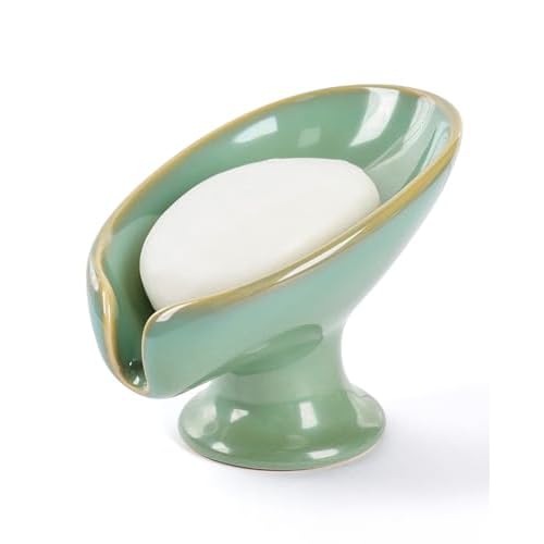 Soap Dish, Self Draining Bar Soap Holder for Bathroom Sink, Leaf Shaped Drainage Ceramic Mint Green Porcelain Decorative Soap Dish, No Suction Cup, ANTIS'S HOME 1pcs-celadon