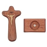 HOMOCONO Stehendes Hölzernes Jesuskreuz mit Sockel Handgeschnitzte Katholische Holzskulptur für Religiöse Wohnraumdekoration und Gebetsraum