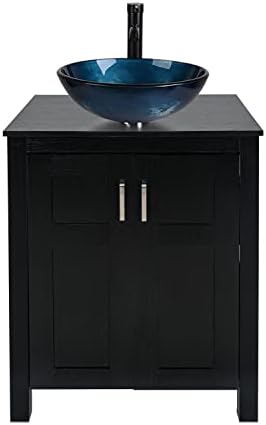 Puluomis 24 Inches Traditional Bathroom Vanity Set in Black Finish, Single Bathroom Vanity with Top and 2-Door Cabinet, Tempered Glass Round Sink Top with Single Faucet Hole