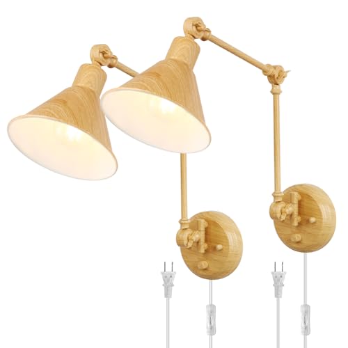 Image of TRLIFE Wall Sconces Plug in, Dimmable Wall Sconces Set of 2 Swing Arm Wall Lights Plug in Wall Mounted Light Industrial Wall Lights with 6FT Plug in Cord, E26 Base, UL Listed(Oak Color)