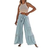 PAIDAXING Tissu Thermocollant Jean Femmes été Taille Haute Coton Lin Flare Palazzo Pantalon Plage Pantalon Longue Cloche Bas Salon Pantalon Leggings Minceur Plat