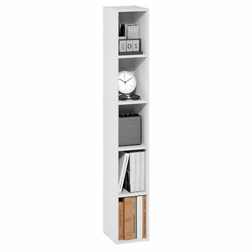 Furinno Fulda Book Shelf 5-Tier Tall Narrow Bookshelf Standing Bookcase with 8-in Width Storage Shelf 9.3 x 7.9 x 51.9 for Organization Storage for Living Room Bedroom Home Office White