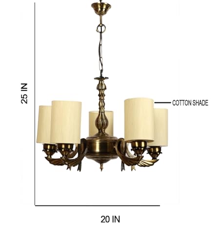 Image of Devansh 05-Light Conical Off-White Cotton Shade Chandelier - Antique Golden Finish | Adjustable Cord | Warm Glow Lamp - Ceiling Light for Living Room, Dining Area, Bedroom & Entryway Decor - D10