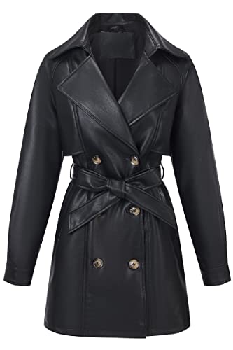 RISISSIDA Women Faux Leather Long Jacket,Double Breasted Spring Fall Pleather Casual Lapel Mid Length Trench Coat with Belt2